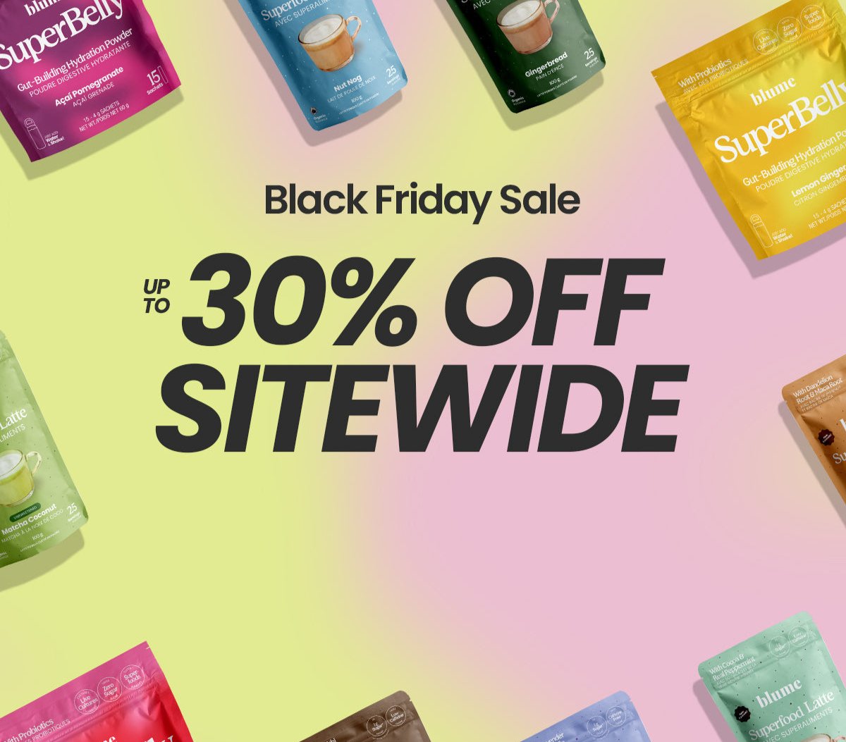 Colorful product packages are displayed in a circle against a pink and green gradient background. Central text reads Black Friday Sale, Up to 30% Off Sitewide.